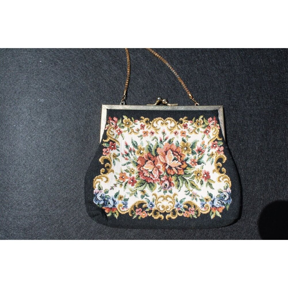 Vintage Floral Tapestry Handbag Goldtone Clasp Rope Chain Handle - Picture 4 of 9